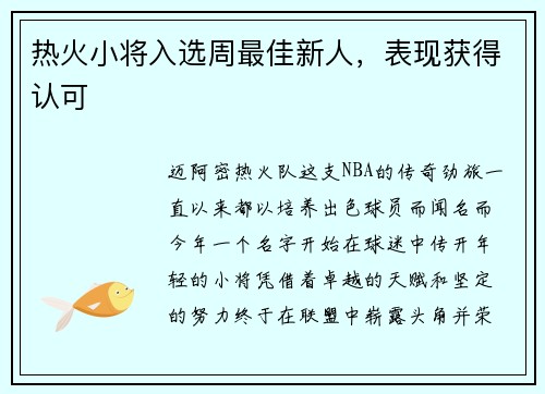 热火小将入选周最佳新人，表现获得认可