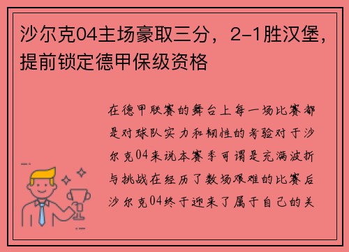沙尔克04主场豪取三分，2-1胜汉堡，提前锁定德甲保级资格