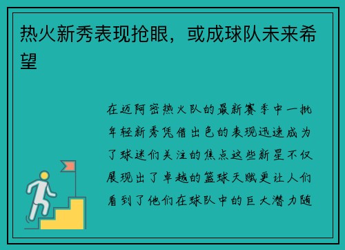 热火新秀表现抢眼，或成球队未来希望